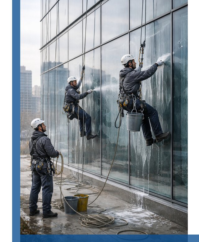 Промышленная мойка панорамных окон на высоте в Партизанске