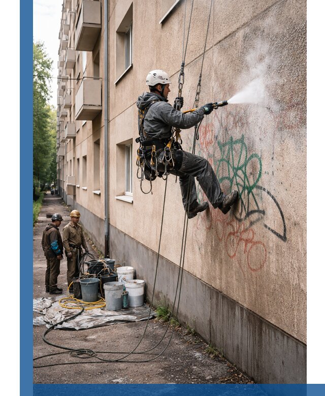 Удаление граффити с фасада в Партизанске без следов и повреждений