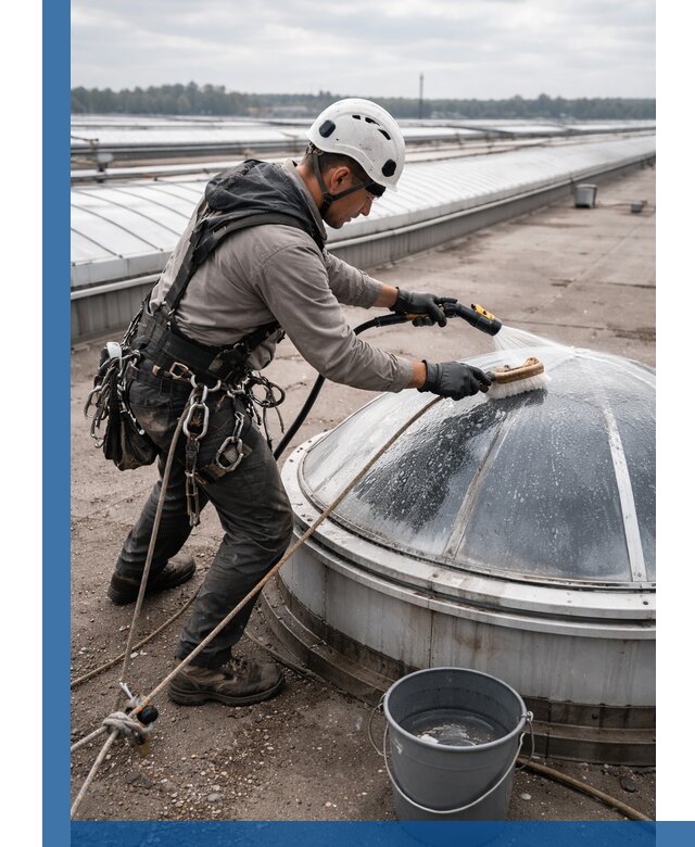 Мойка зенитных фонарей на кровле для промышленных объектов в Партизанске