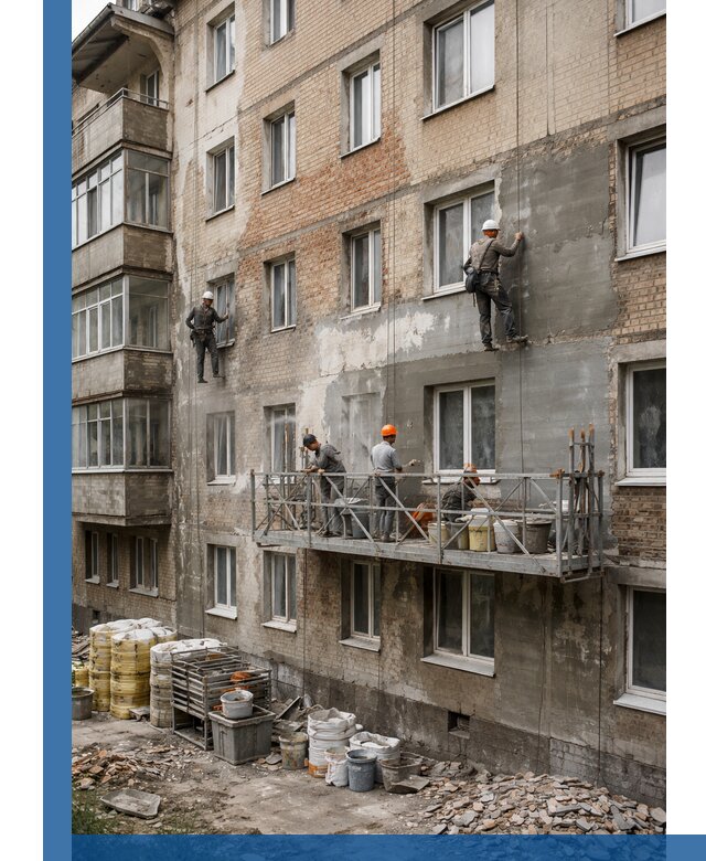 Капитальный ремонт фасада в Партизанске с восстановлением и гидроизоляцией