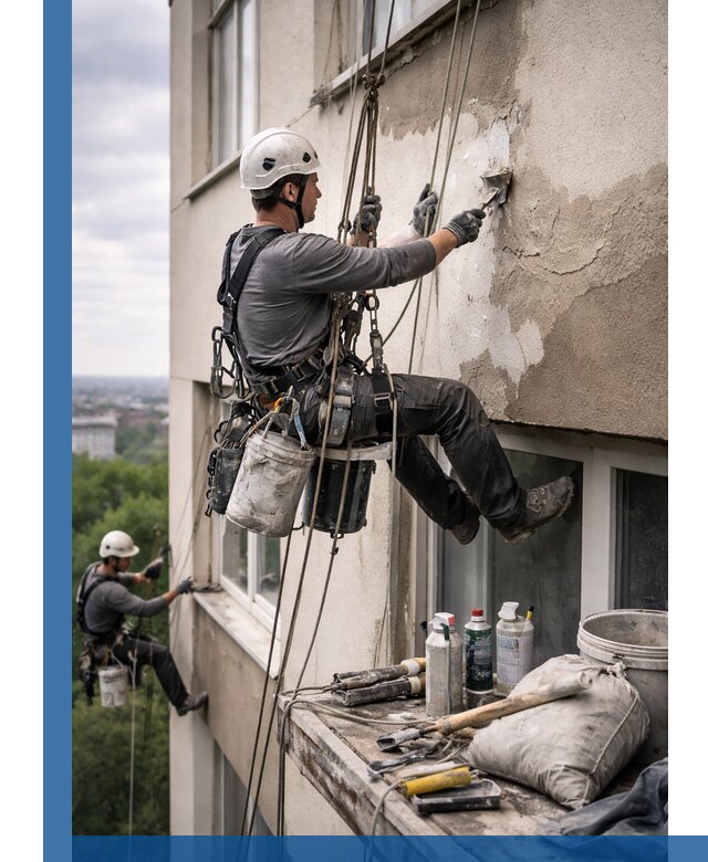 Косметический ремонт фасада зданий в Партизанске промышленными альпинистами