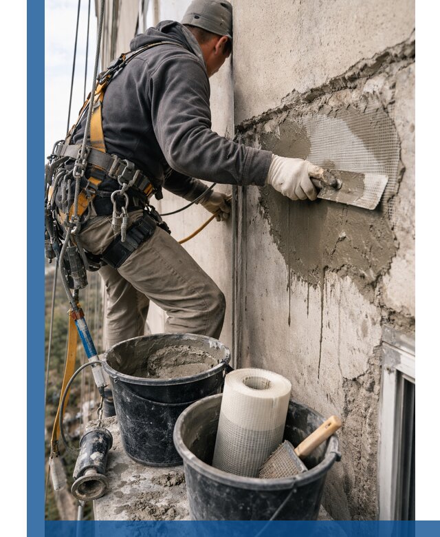 Ремонт бетонных элементов фасада промышленными альпинистами в Партизанске