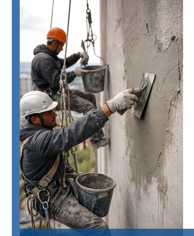 Штукатурка фасада на высоте в Партизанске профессиональные работы