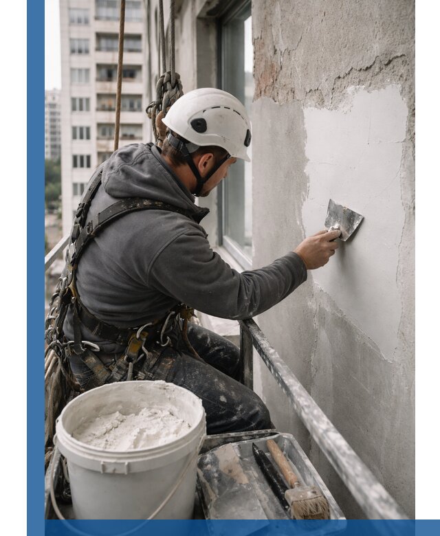 Шпаклевка фасадов на высоте с промальпинистами в Партизанске