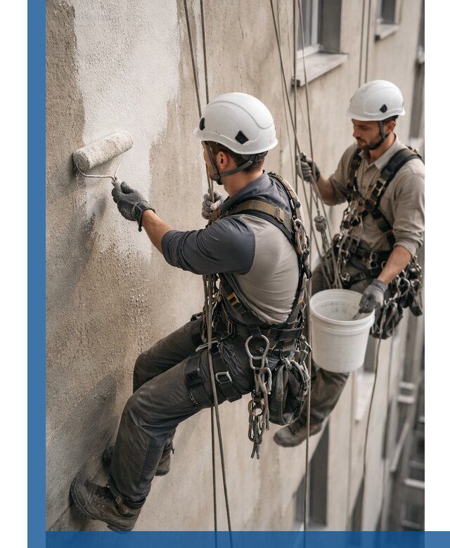 Грунтовка фасада на высоте в Партизанске промышленными альпинистами