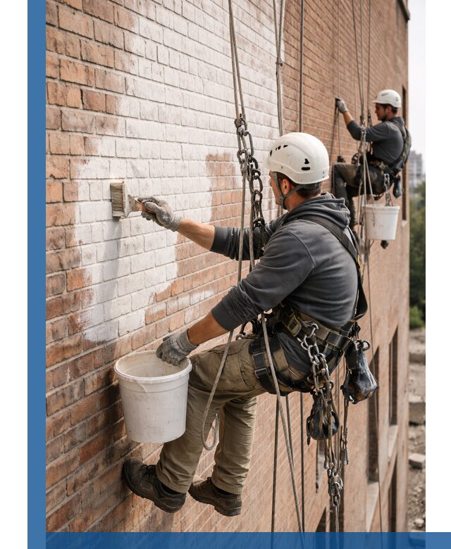 Покраска кирпичного фасада с доступным альпинистским сервисом в Партизанске