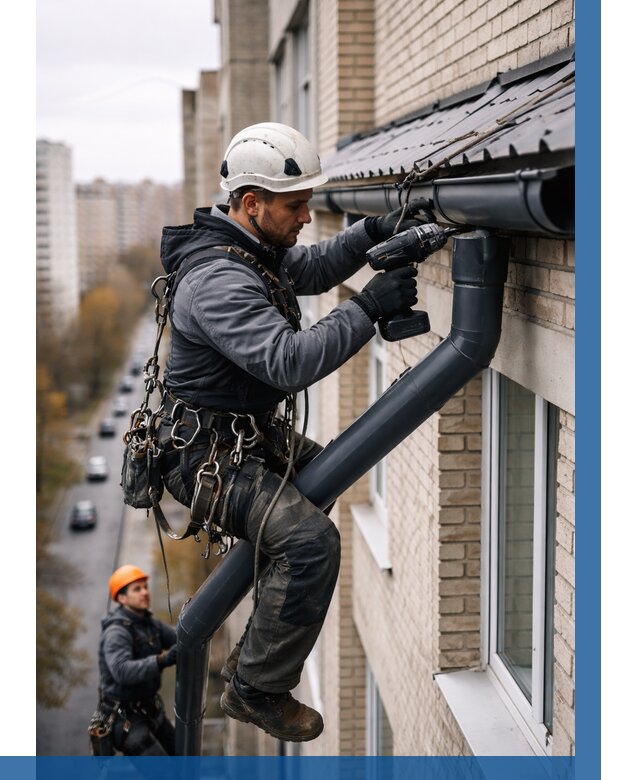 Монтаж водосточной системы на здании в Партизанске от 5367 р. | ВЫСОТНИК-Прт