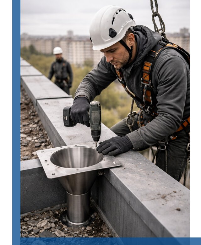 Монтаж водосточных воронок в Партизанске для промышленных зданий