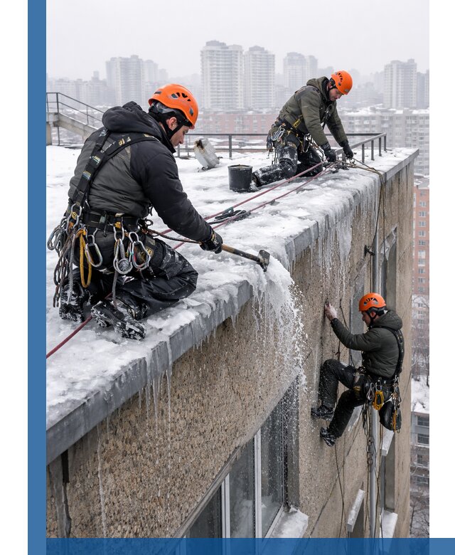 Удаление наледи с кровли в Партизанске промышленными альпинистами