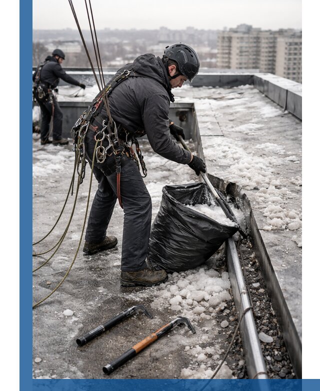 Аварийная очистка кровли в Партизанске от промальпинистов
