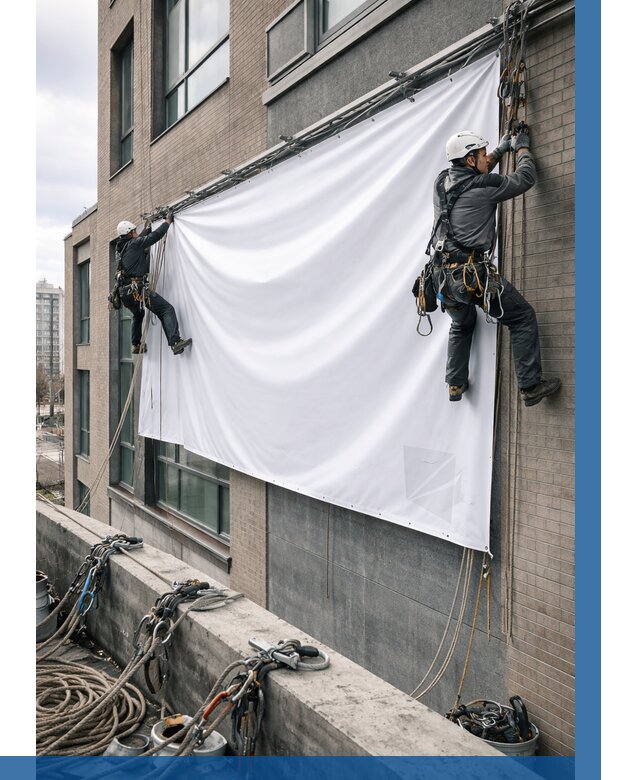 Монтаж баннеров на фасаде в Партизанске от 698 р. заказать ВЫСОТНИК-Прт