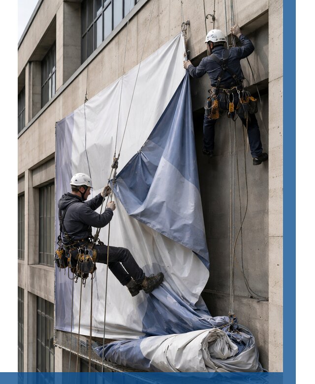 Демонтаж баннеров с фасада в Партизанске от 4830 р. | ВЫСОТНИК-Прт