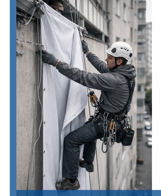 Замена баннерного полотна промышленными альпинистами в Партизанске