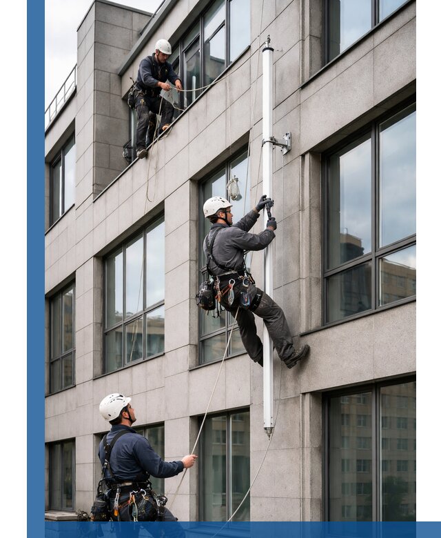 Монтаж флагштока на фасаде здания с креплением и герметикой в Партизанске