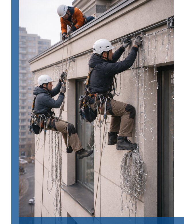 Монтаж праздничных гирлянд на фасаде в Партизанске для зданий