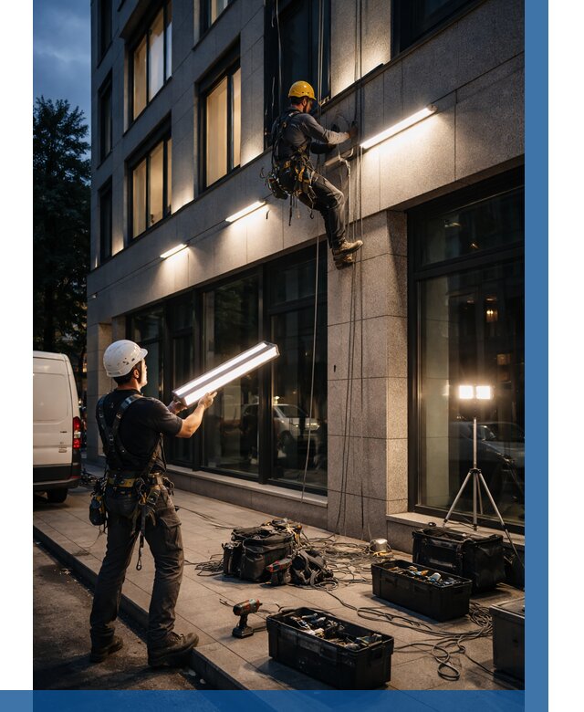 Монтаж архитектурной подсветки здания в Партизанске от 2683 р.|ВЫСОТНИК-Прт