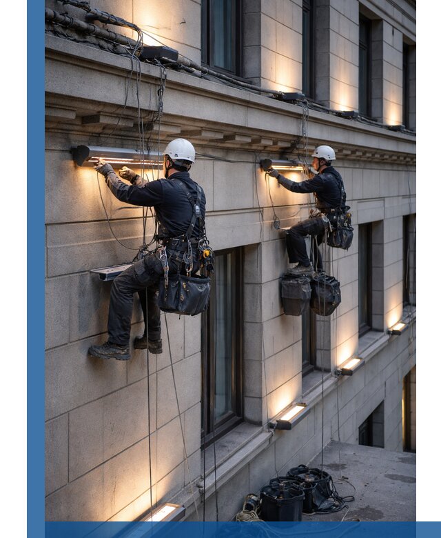 Монтаж архитектурной подсветки фасадов зданий в Партизанске