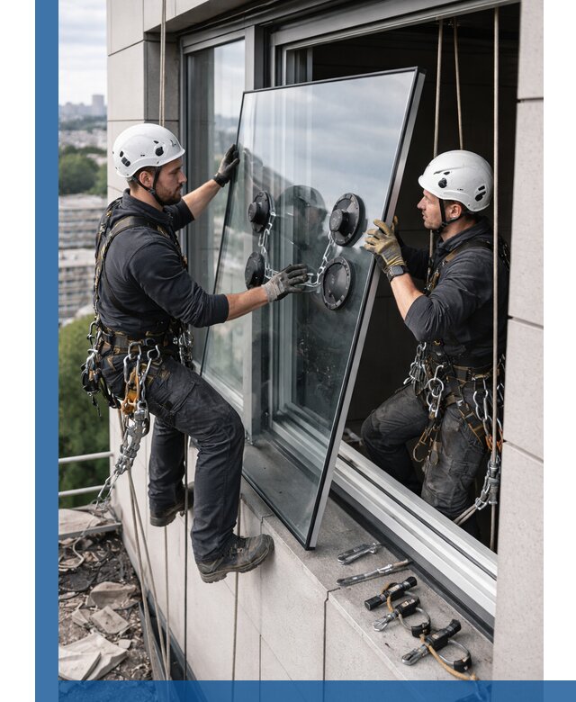 Замена стеклопакетов на высоте с промышленными альпинистами в Партизанске