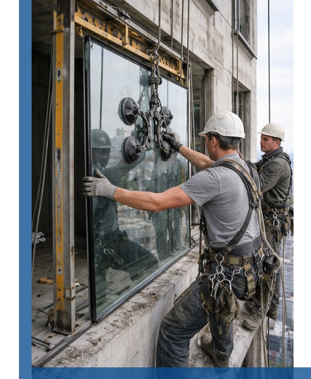 Монтаж стеклопакетов на высоте в Партизанске с промышленным альпинизмом