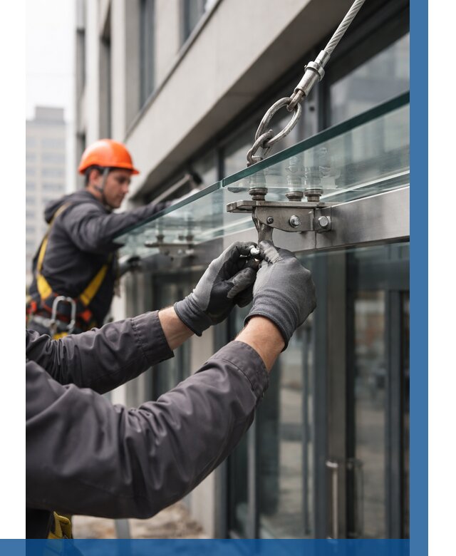 Монтаж стеклянных козырьков в Партизанске от 9123 р. | ВЫСОТНИК-Прт