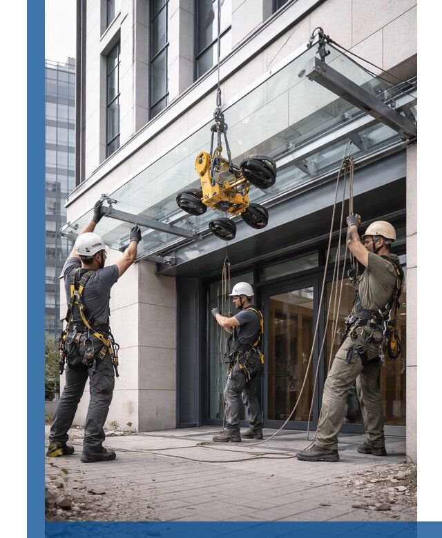 Монтаж стеклянных козырьков под ключ в Партизанске для зданий