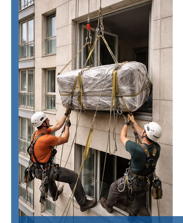 Подъем грузов через окно в Партизанске промышленными альпинистами