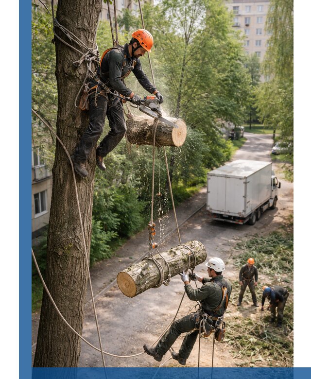 Спил деревьев альпинистами в Партизанске, безопасно и без повреждений