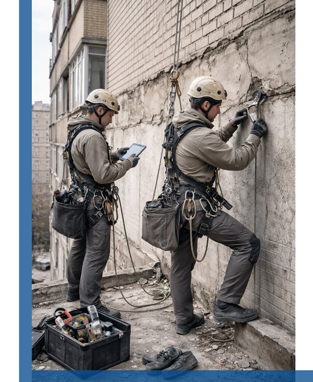 Обследование фасада промышленными альпинистами в Партизанске